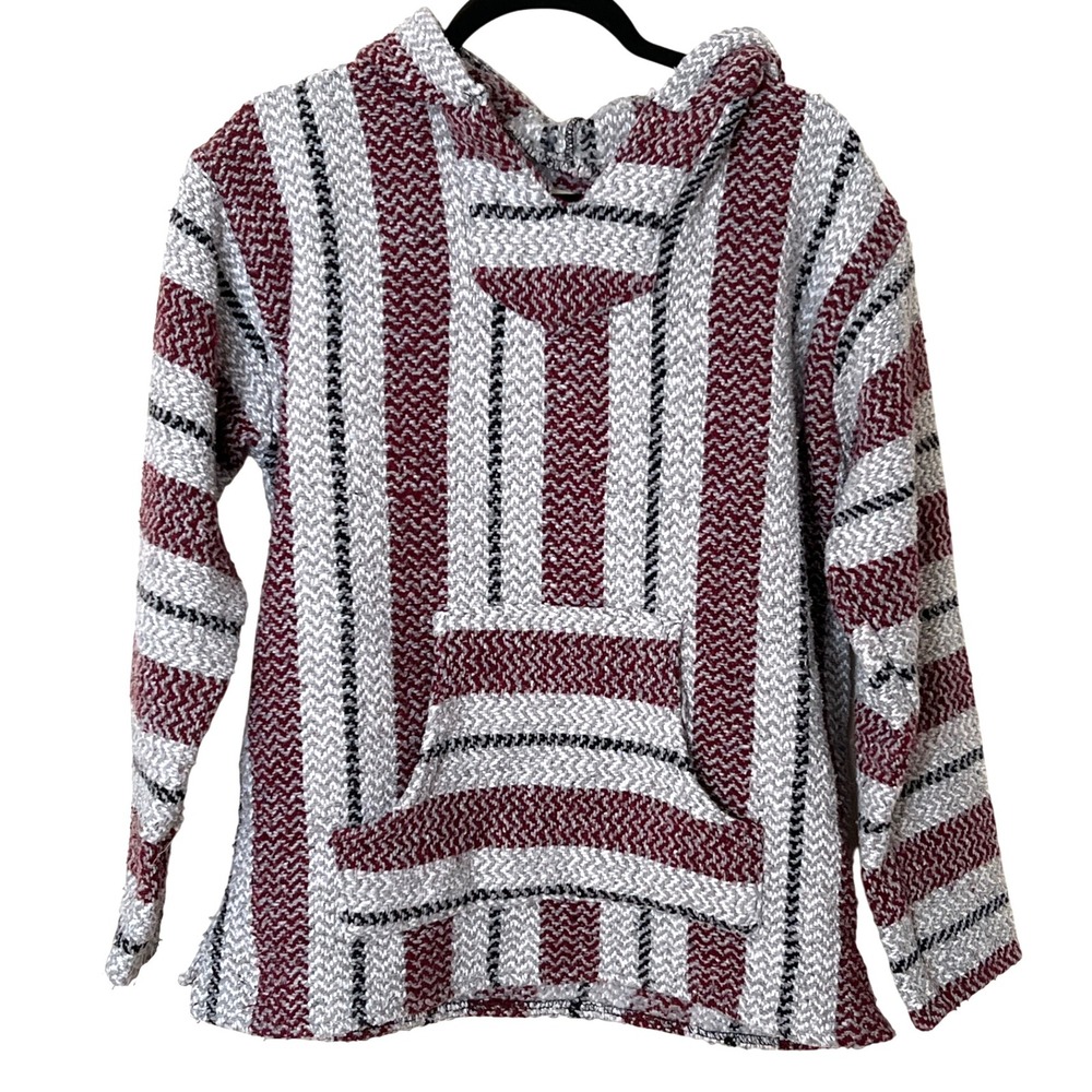 Gypsy Rose Baja Hoodie Gray/Red Striped‎ Pullover Made in Mexico Size Large EUC